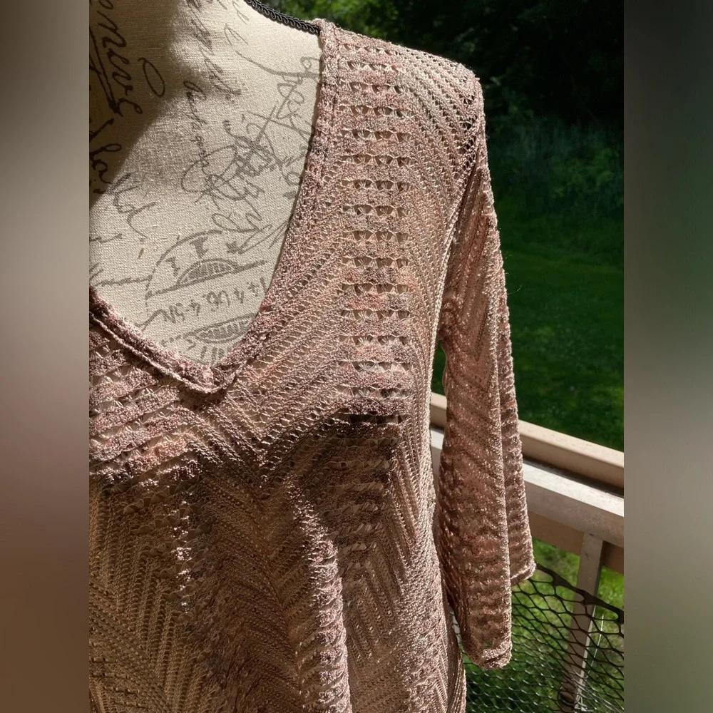 Elif Open Knit V Neck Shiny Metallic Pink Grey Swim Cover Up Tunic Bell Sleeves